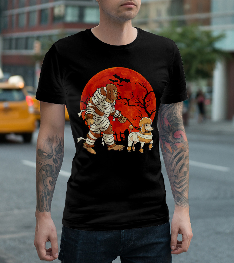 Halloween Bigfoot Mummy Walking Dog In Front Of Full Moon And Bats T-Shirt