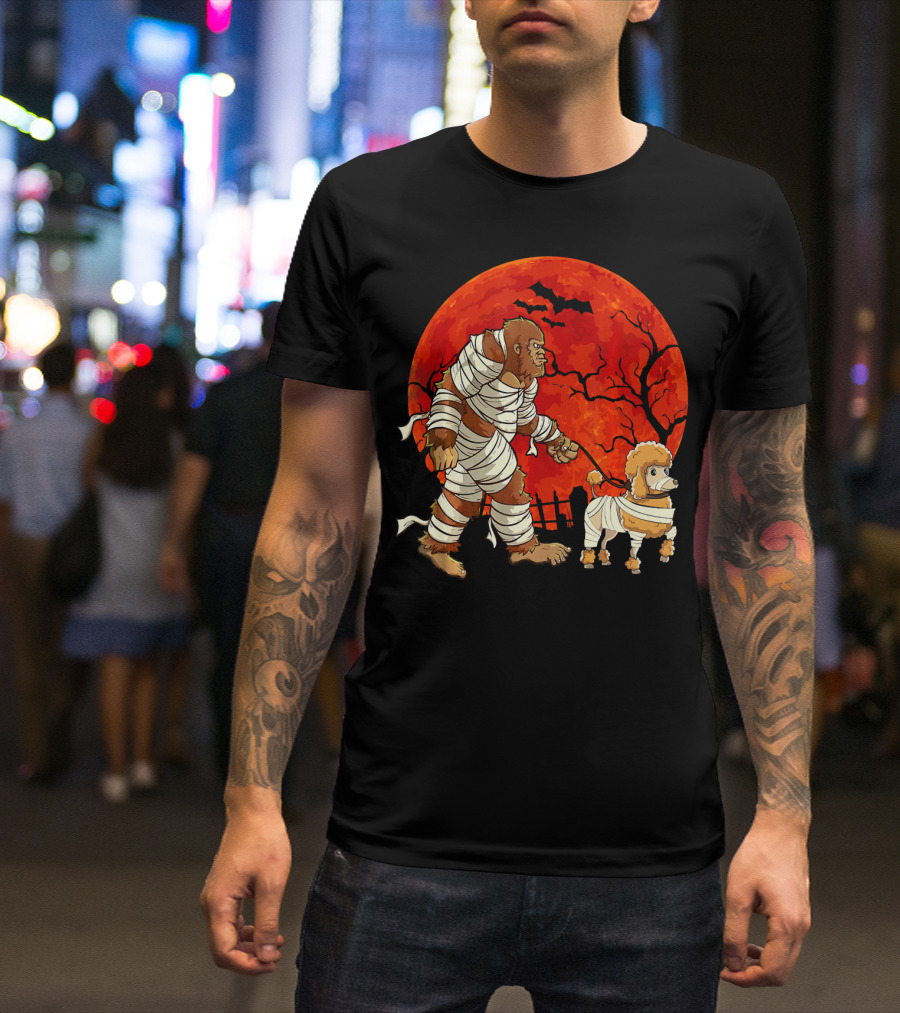Halloween Bigfoot Mummy Walking Dog In Front Of Full Moon And Bats T-Shirt