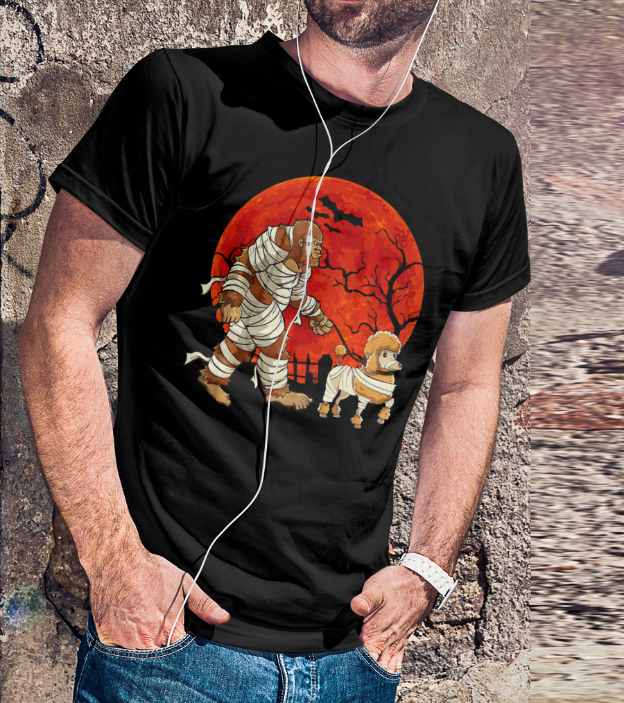 Halloween Bigfoot Mummy Walking Dog In Front Of Full Moon And Bats T-Shirt