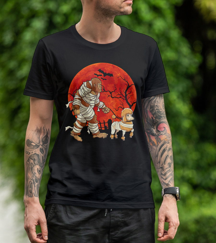 Halloween Bigfoot Mummy Walking Dog In Front Of Full Moon And Bats T-Shirt