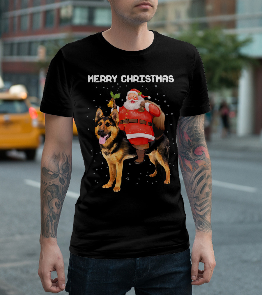 Merry Christmas Funny Santa Riding German Shepherd Dog T-Shirt