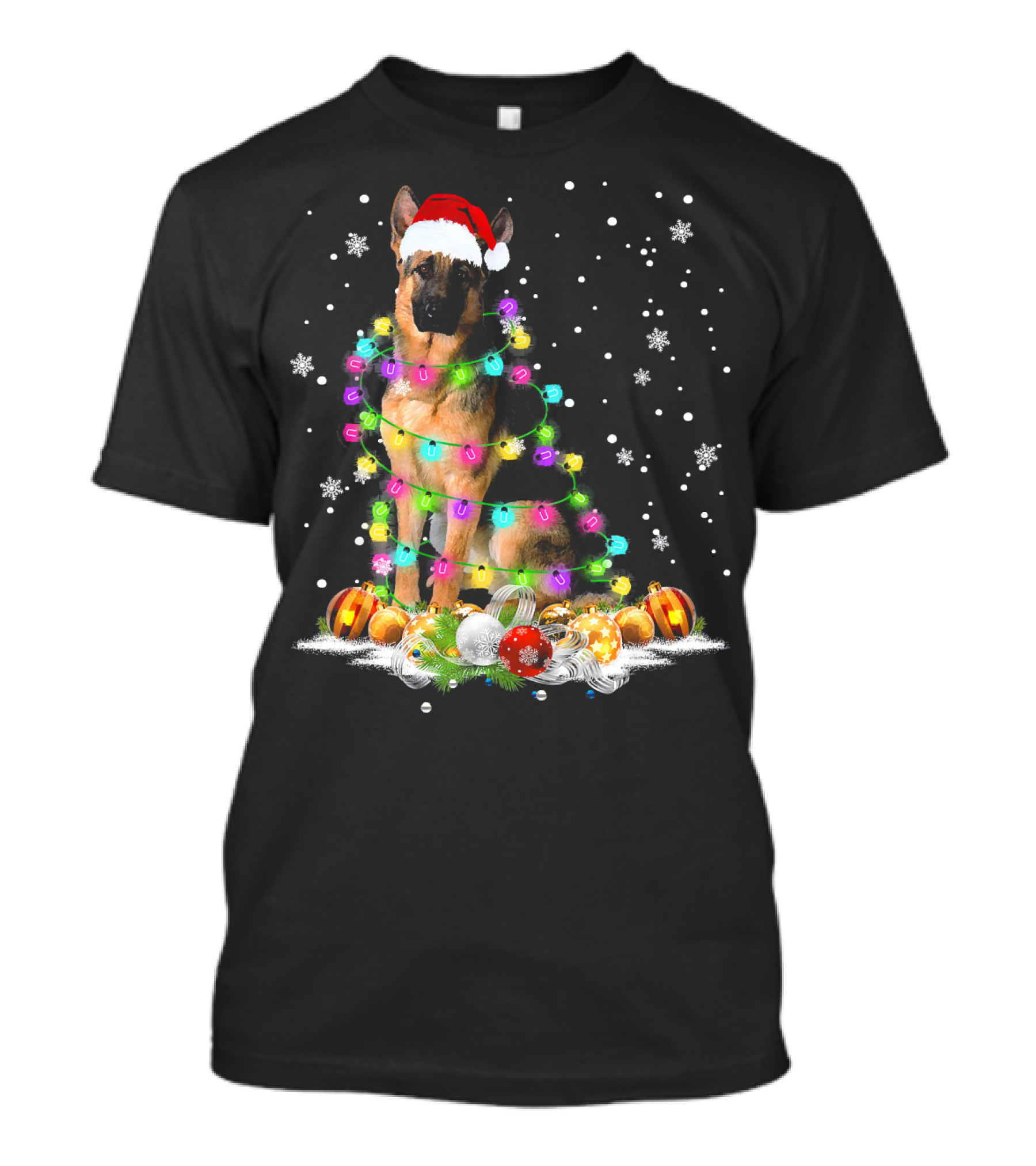 Santa Hat German Shepherd Wrapped In Christmas Lights With Ornaments And Snowflakes T-Shirt