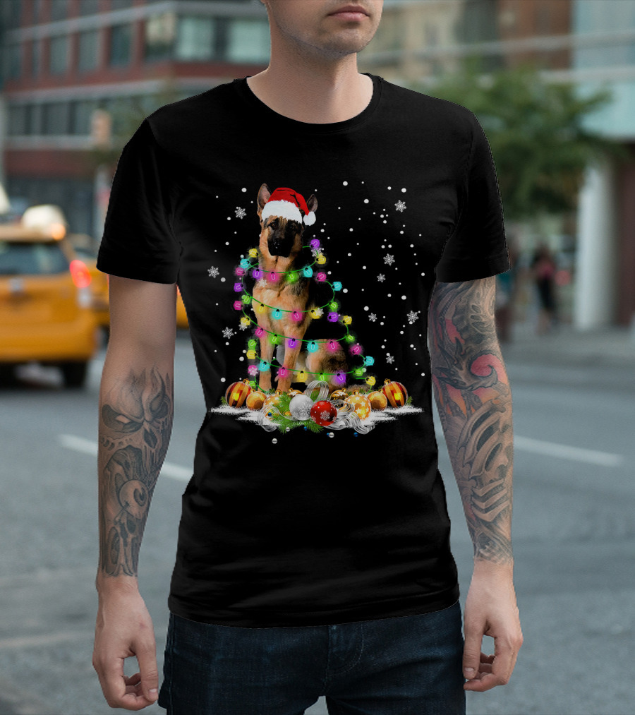 Santa Hat German Shepherd Wrapped In Christmas Lights With Ornaments And Snowflakes T-Shirt