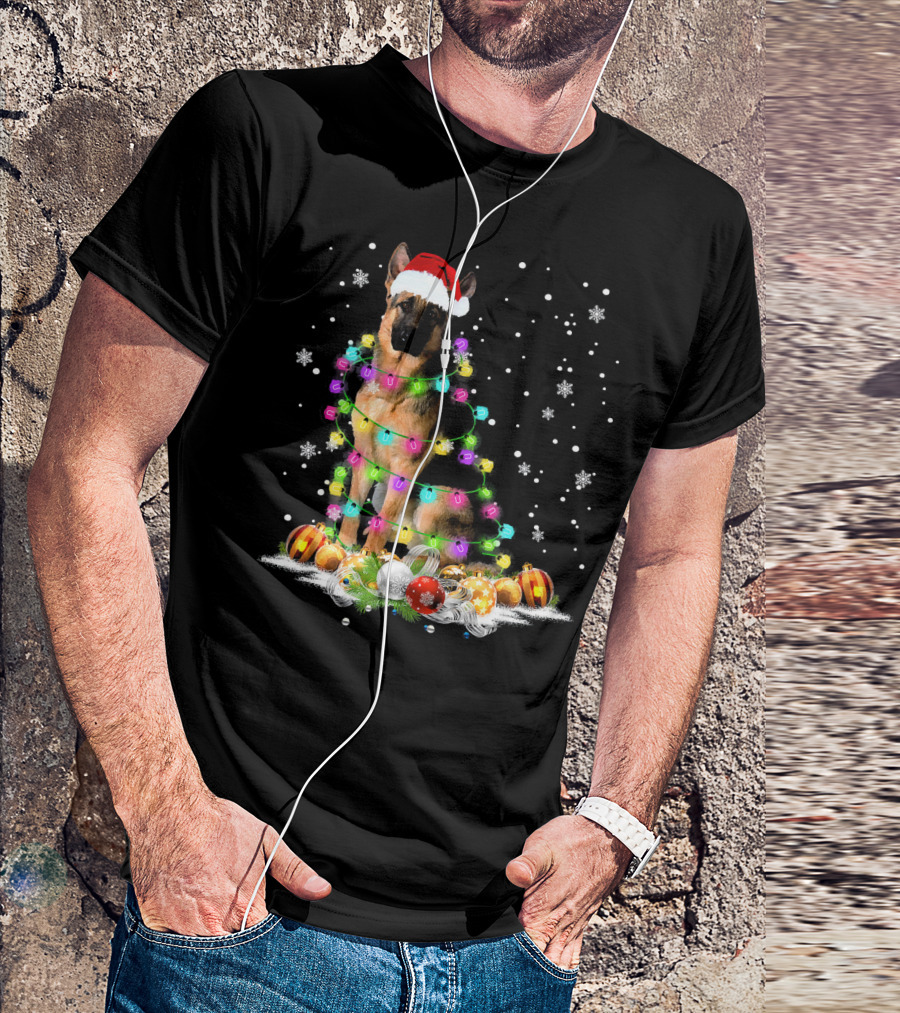Santa Hat German Shepherd Wrapped In Christmas Lights With Ornaments And Snowflakes T-Shirt