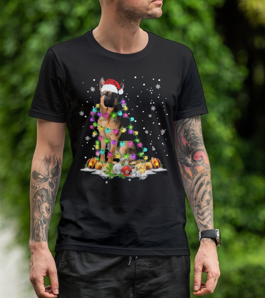 Santa Hat German Shepherd Wrapped In Christmas Lights With Ornaments And Snowflakes T-Shirt