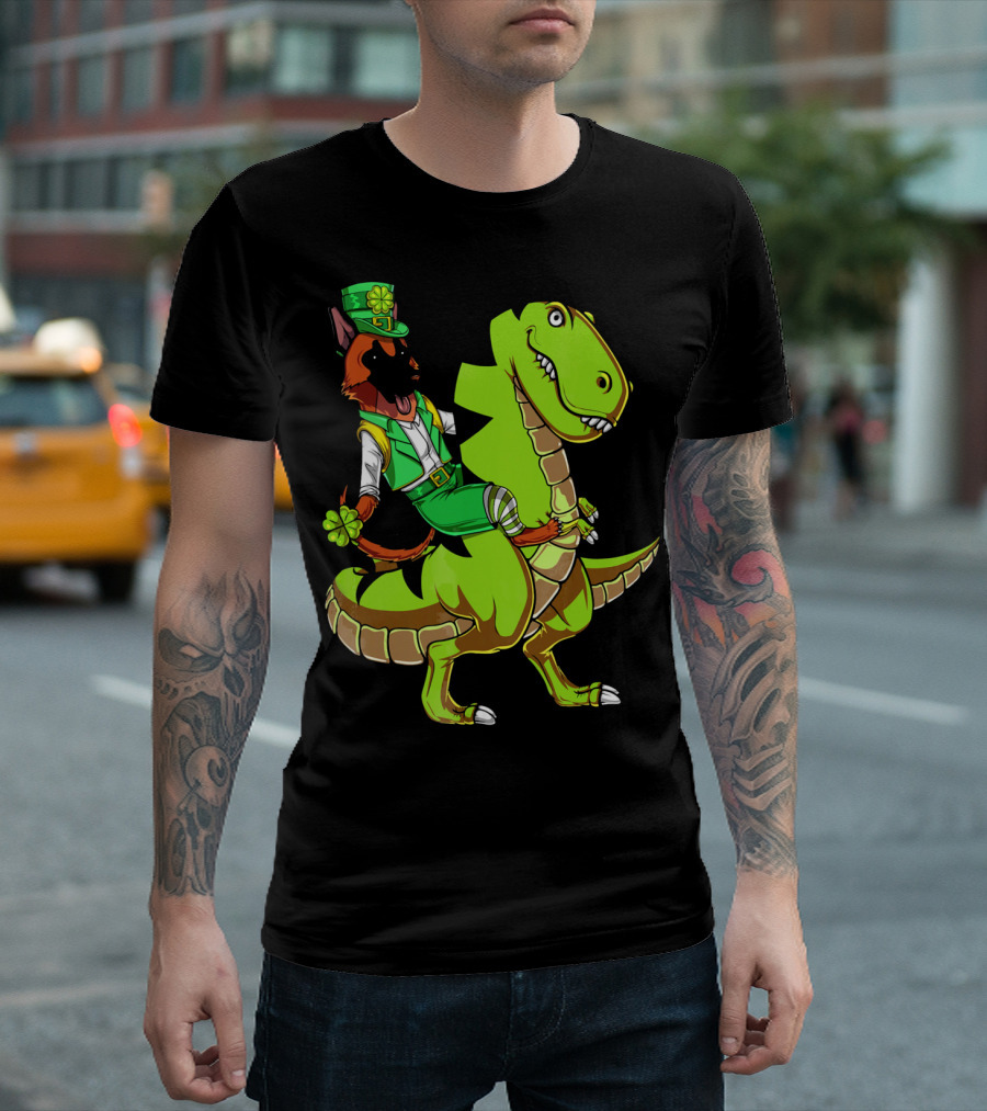 German Shepherd Wearing Leprechaun Costume Riding Rex Dinosaur Holding Clover T-Shirt