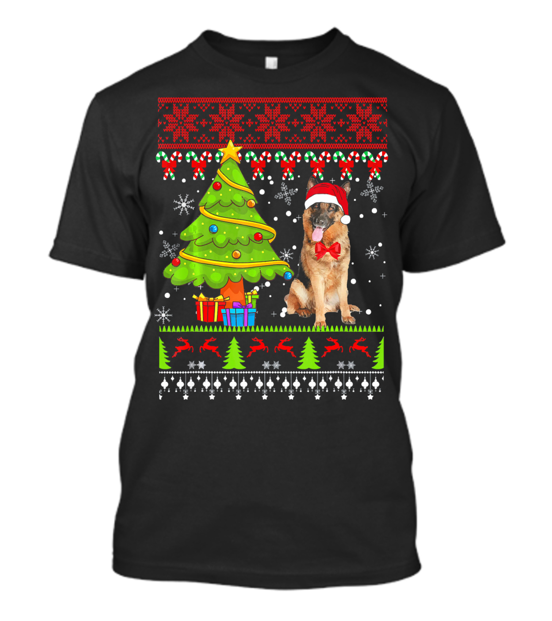 German Shepherd Santa Hat Christmas Tree Reindeer Snowflakes T-Shirt