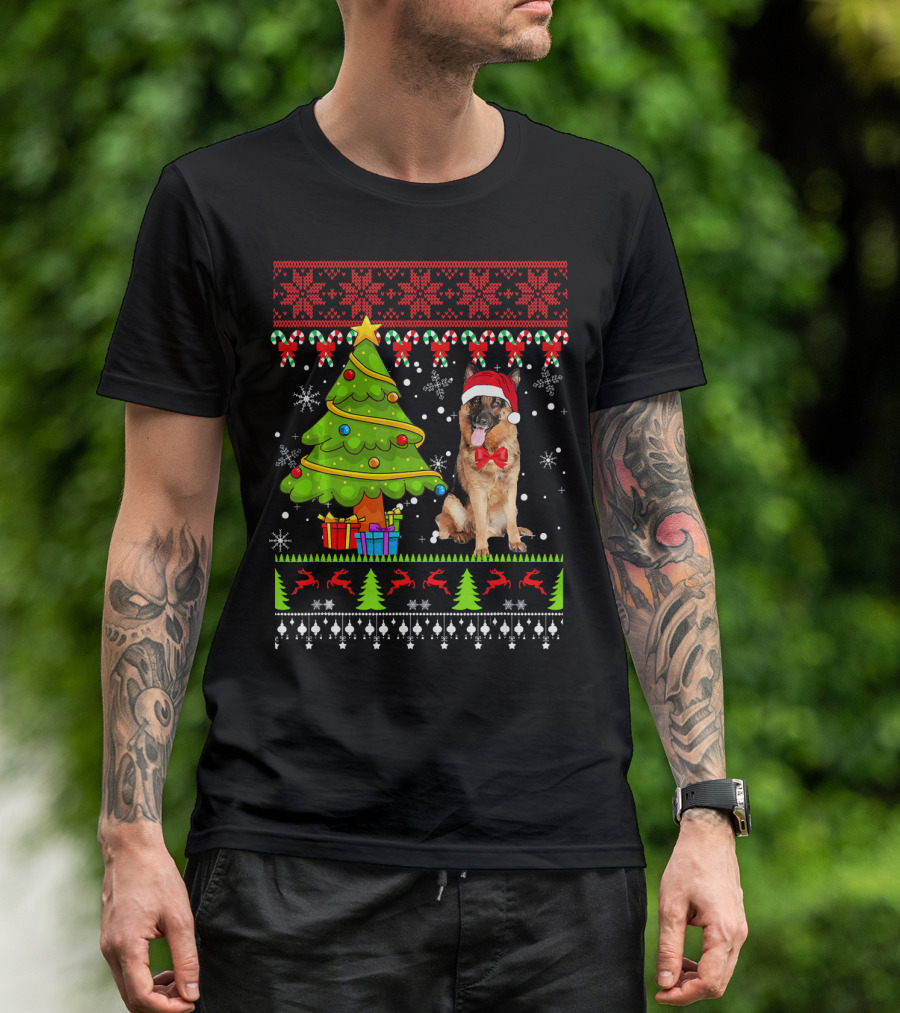 German Shepherd Santa Hat Christmas Tree Reindeer Snowflakes T-Shirt