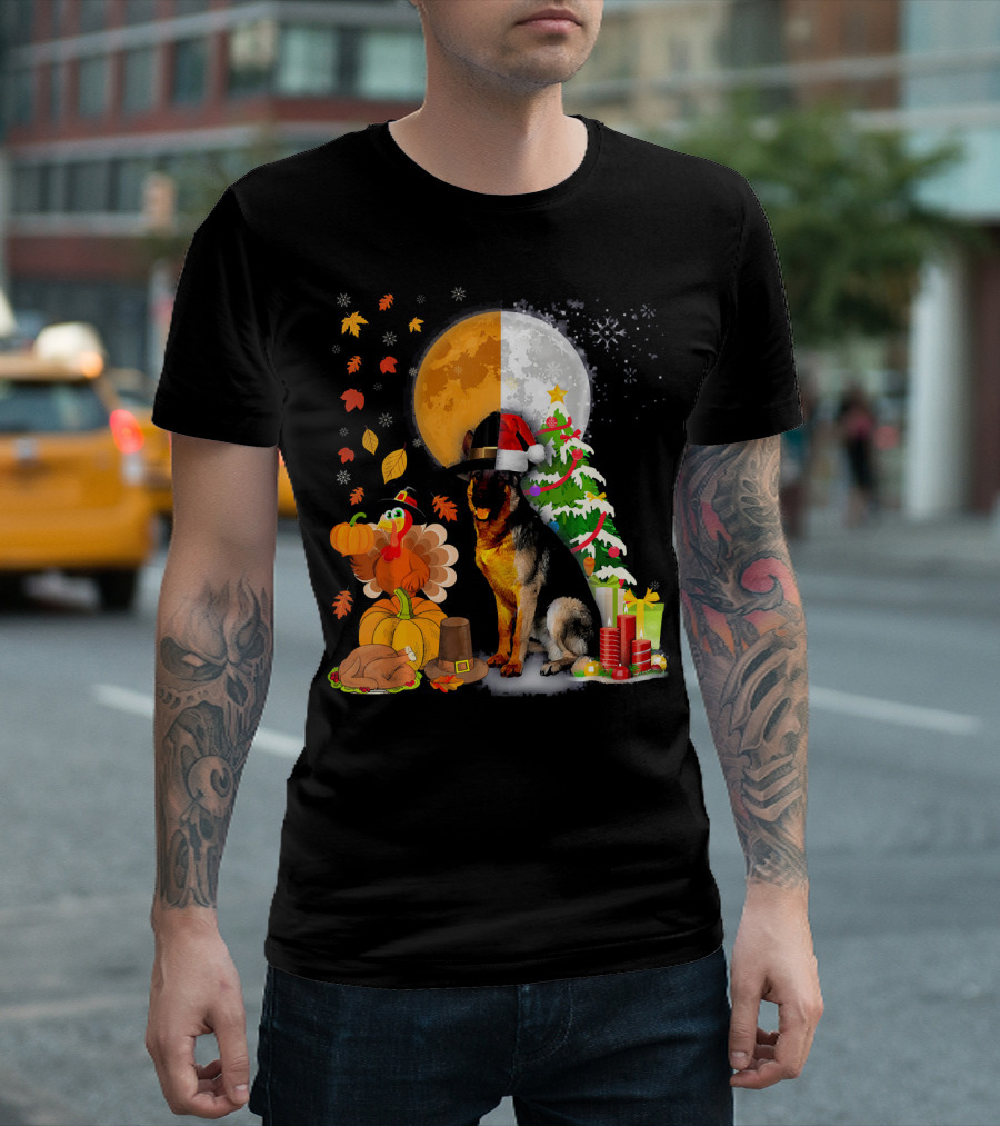 German Shepherd Dog Happy Thanksgiving Christmas Moon T-Shirt