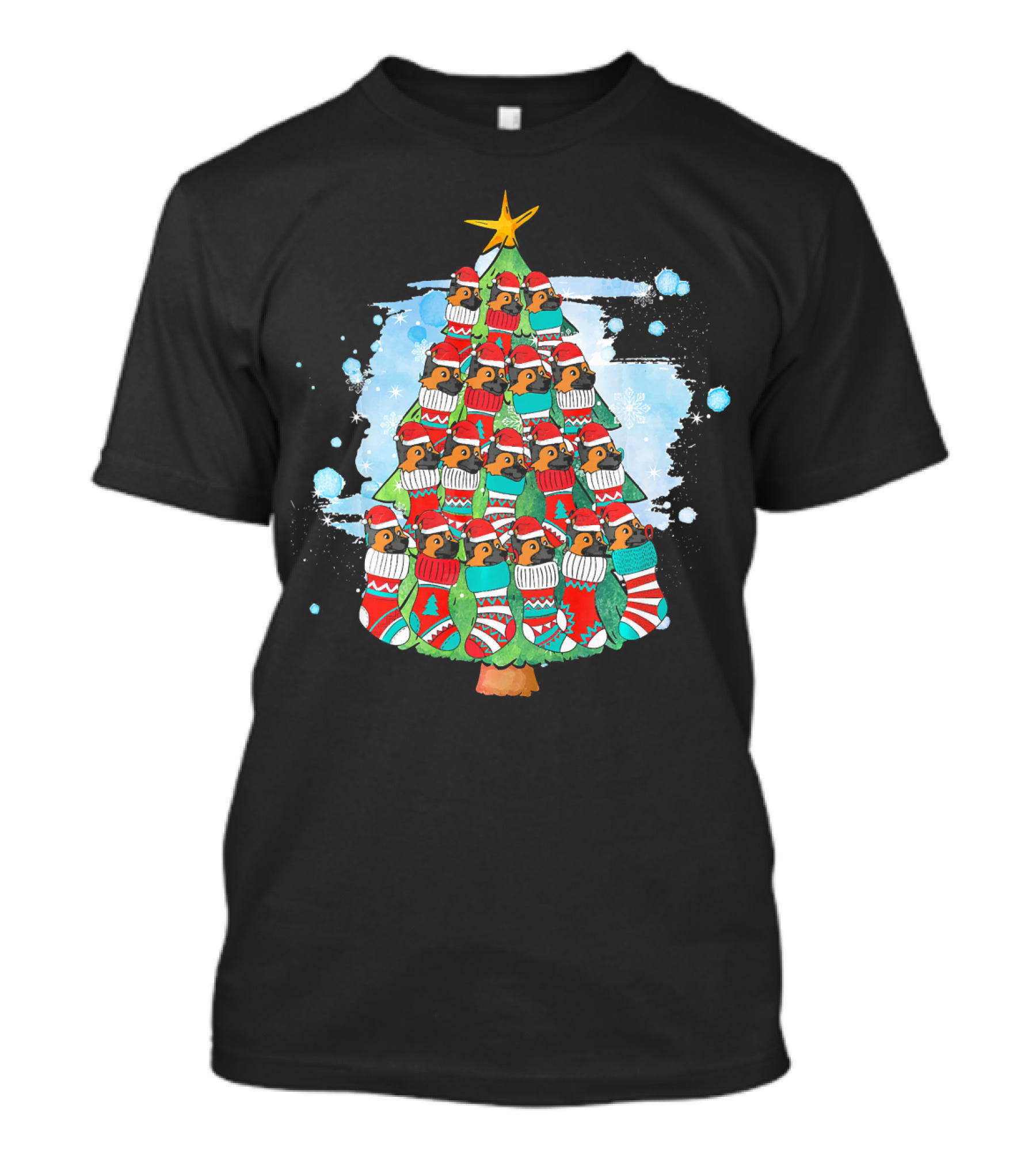 German Shepherd Sock Pine Tree Festive Holiday Penguins T-Shirt