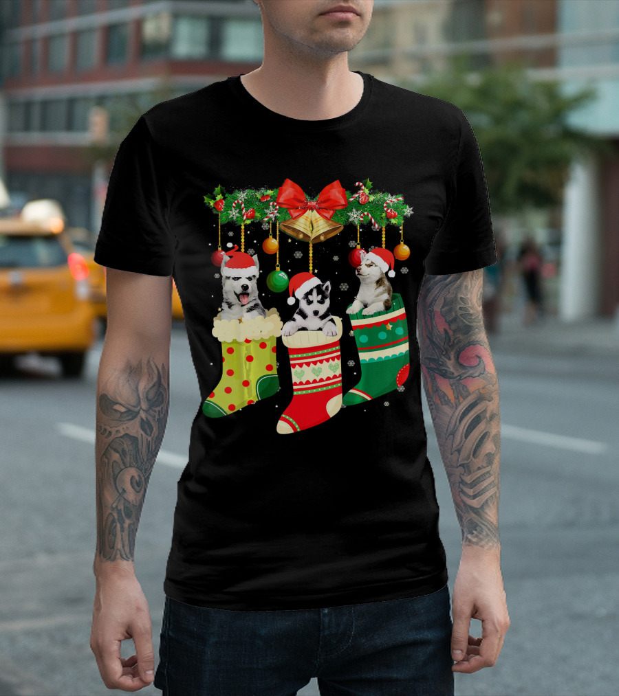 Funny Siberian Husky Puppies in Christmas Stockings with Santa Hats and Holiday Decor T-Shirt