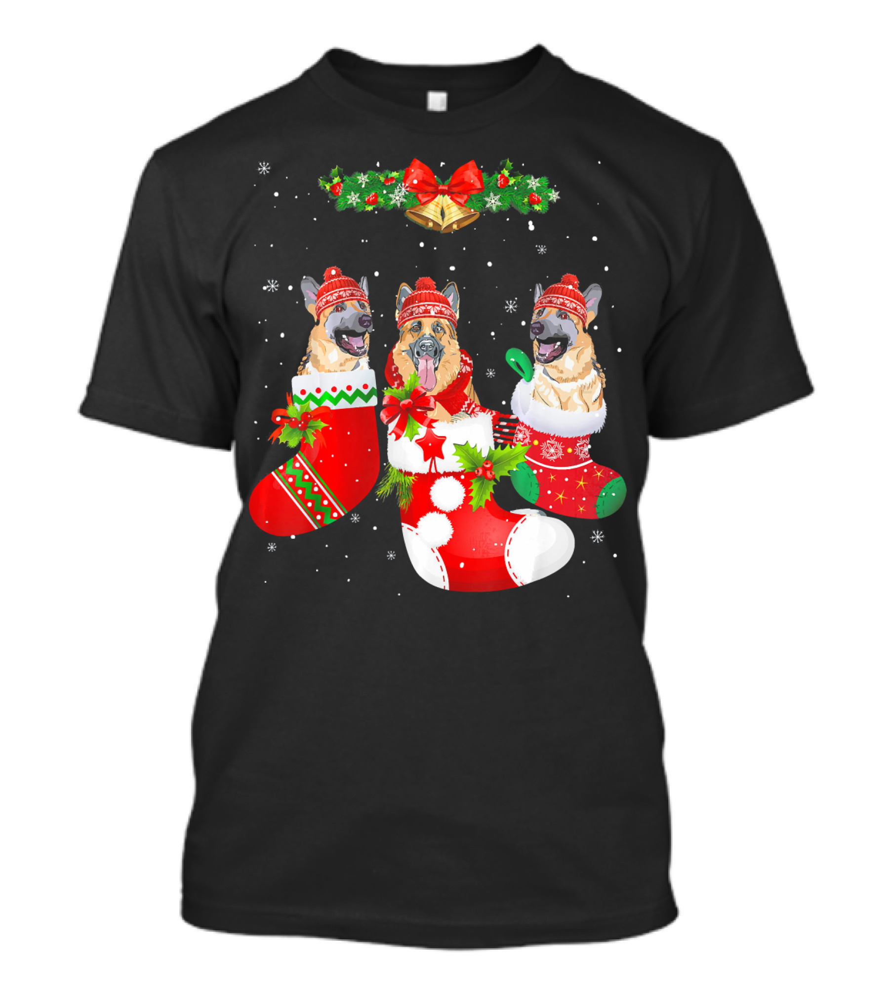 German Shepherds In Christmas Stockings With Hats And Bells T-Shirt
