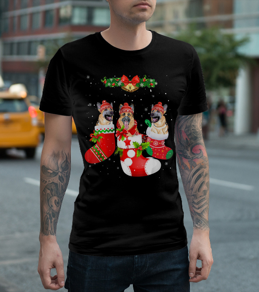 German Shepherds In Christmas Stockings With Hats And Bells T-Shirt