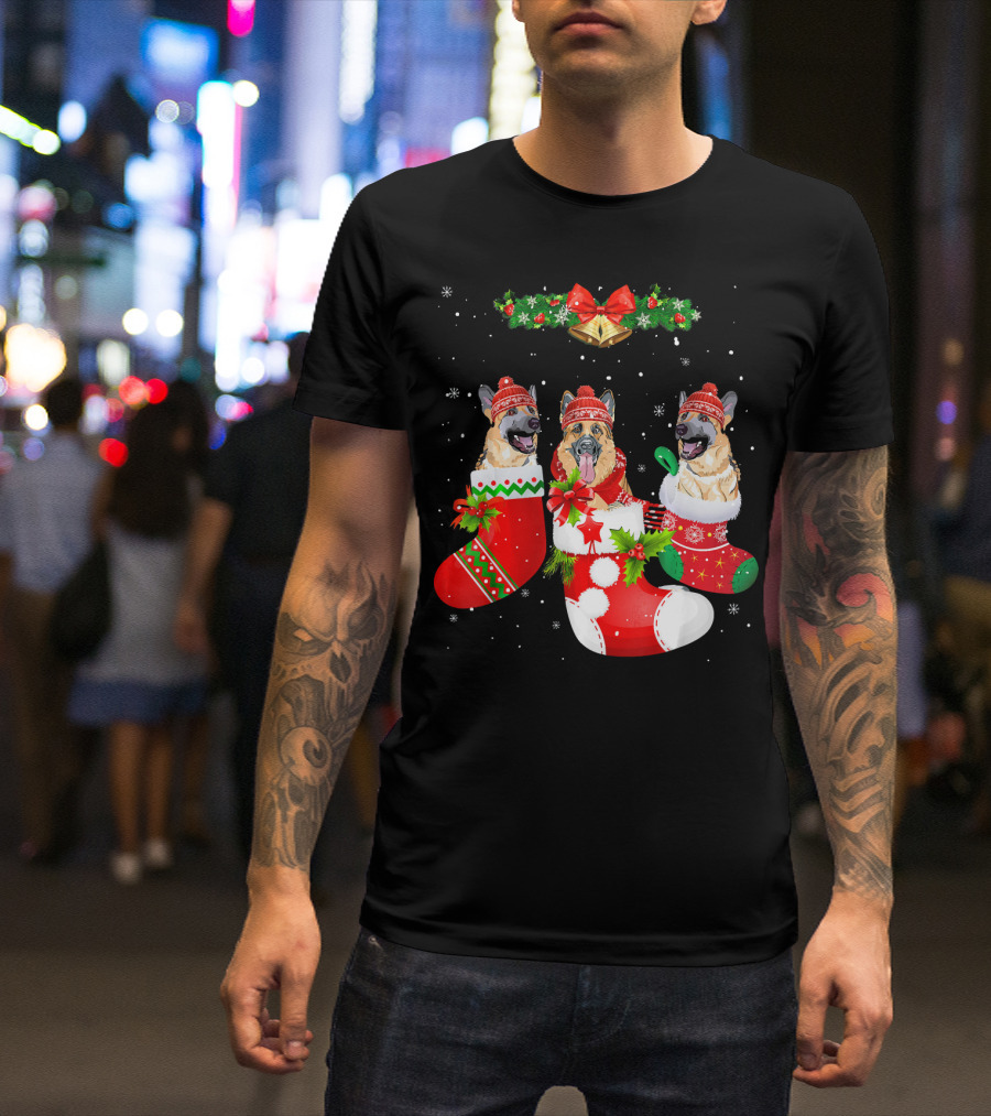 German Shepherds In Christmas Stockings With Hats And Bells T-Shirt