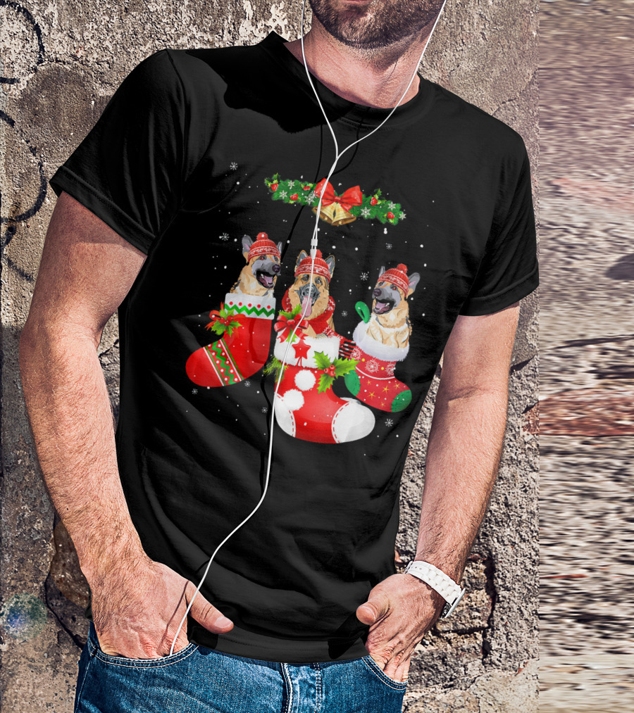 German Shepherds In Christmas Stockings With Hats And Bells T-Shirt