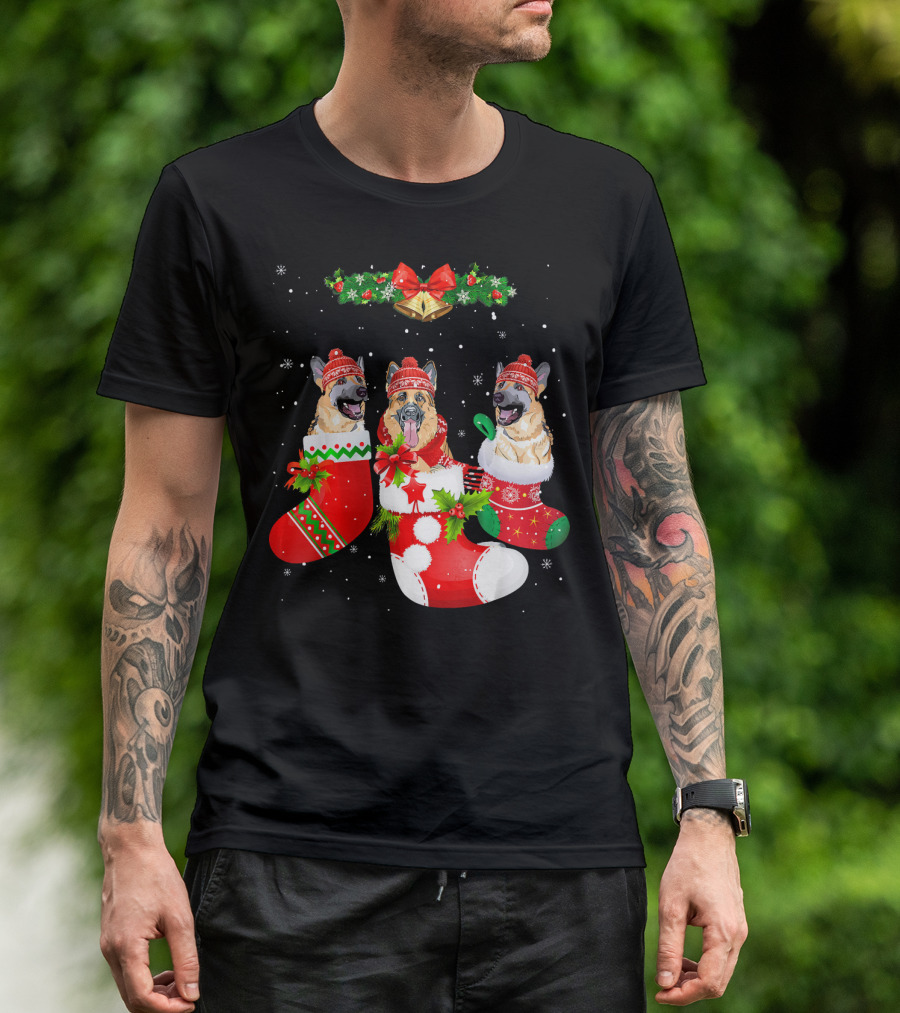 German Shepherds In Christmas Stockings With Hats And Bells T-Shirt