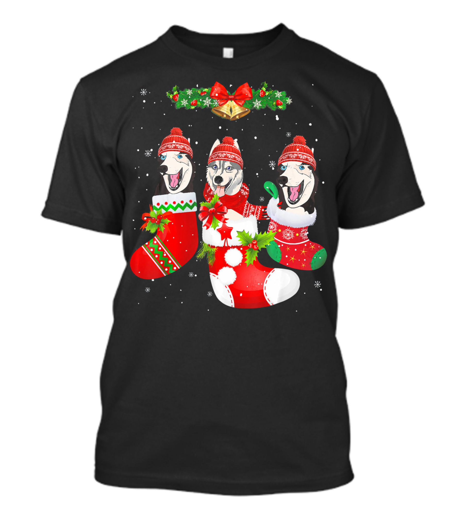 Husky Dog Christmas Stockings Santa Hats With Holiday Garland And Bells T-Shirt