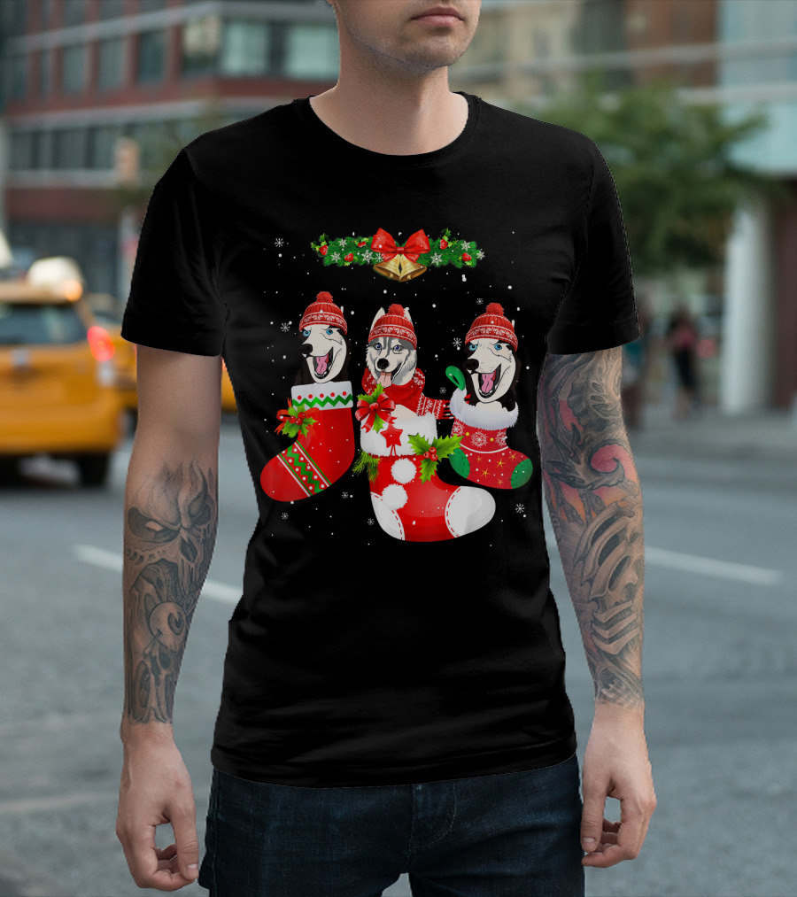Husky Dog Christmas Stockings Santa Hats With Holiday Garland And Bells T-Shirt