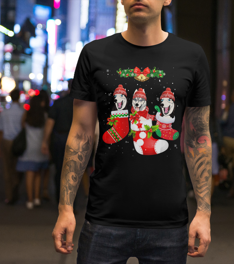 Husky Dog Christmas Stockings Santa Hats With Holiday Garland And Bells T-Shirt