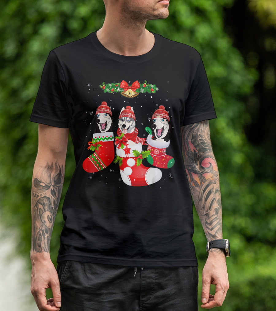 Husky Dog Christmas Stockings Santa Hats With Holiday Garland And Bells T-Shirt