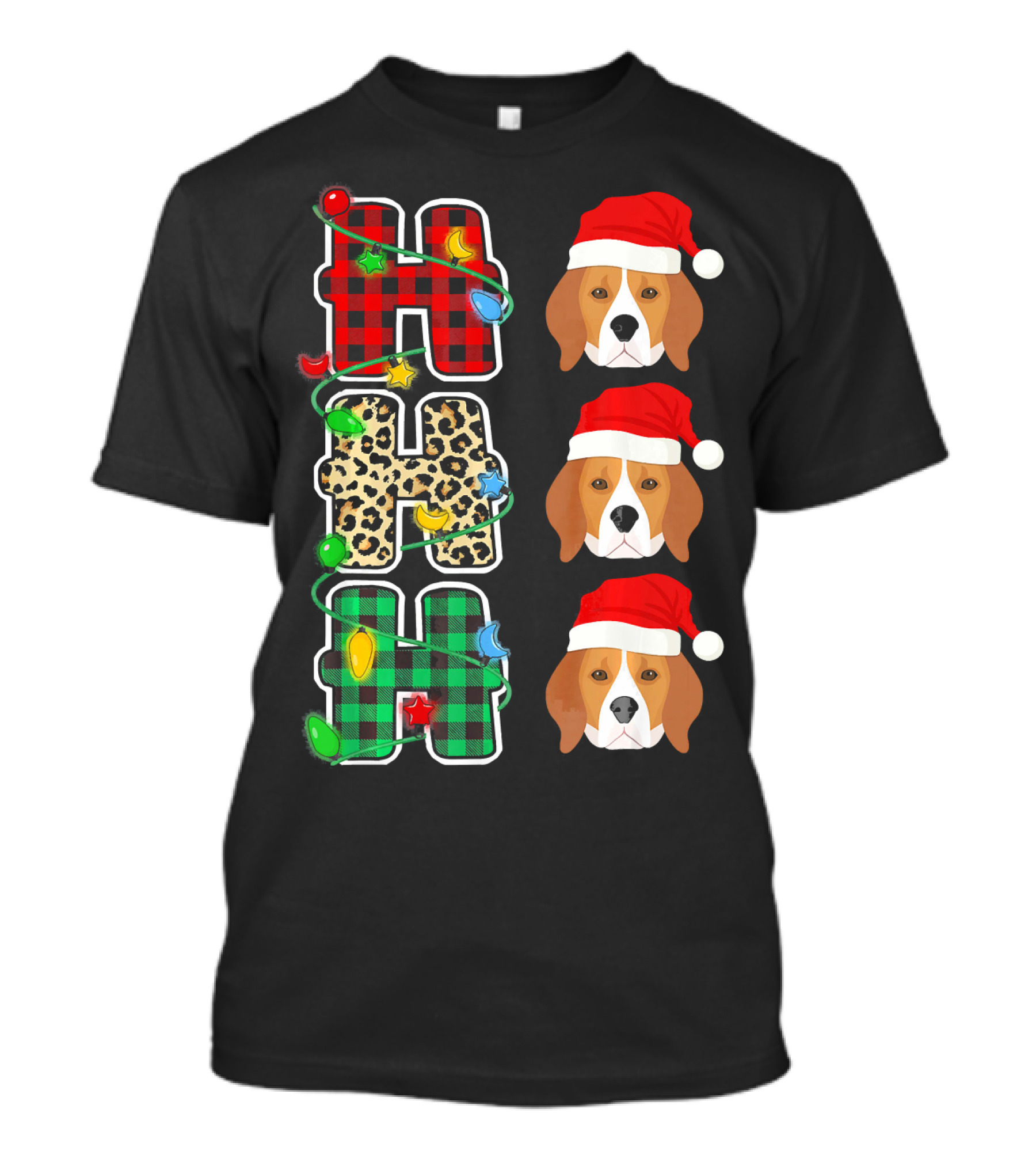 HO HO HO Plaid Leopard Lights Santa Hat Beagle Christmas T-Shirt