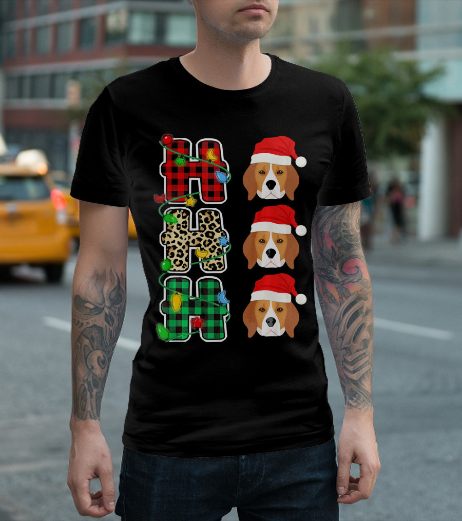 HO HO HO Plaid Leopard Lights Santa Hat Beagle Christmas T-Shirt