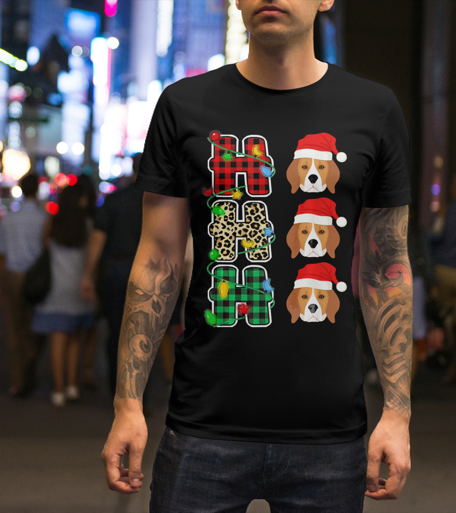 HO HO HO Plaid Leopard Lights Santa Hat Beagle Christmas T-Shirt
