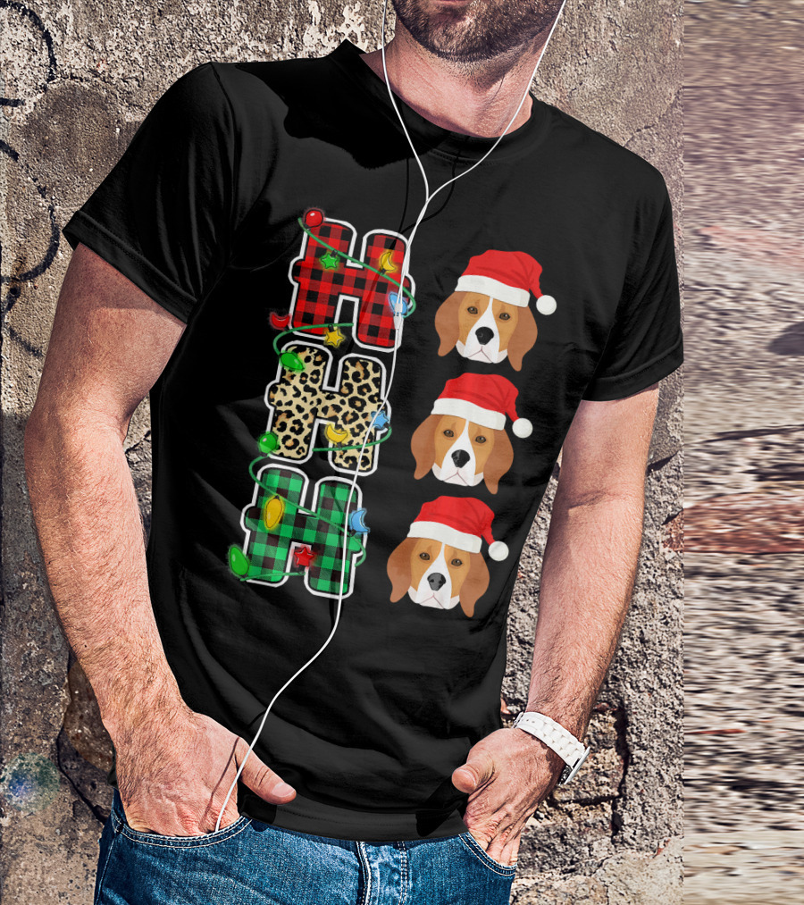 HO HO HO Plaid Leopard Lights Santa Hat Beagle Christmas T-Shirt