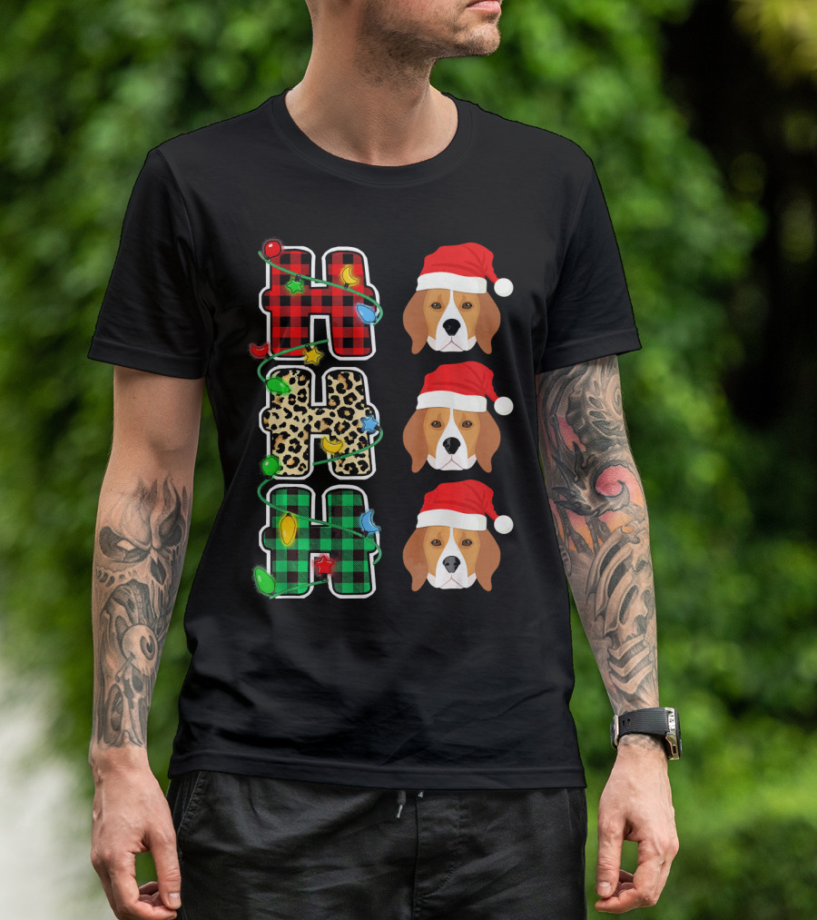 HO HO HO Plaid Leopard Lights Santa Hat Beagle Christmas T-Shirt
