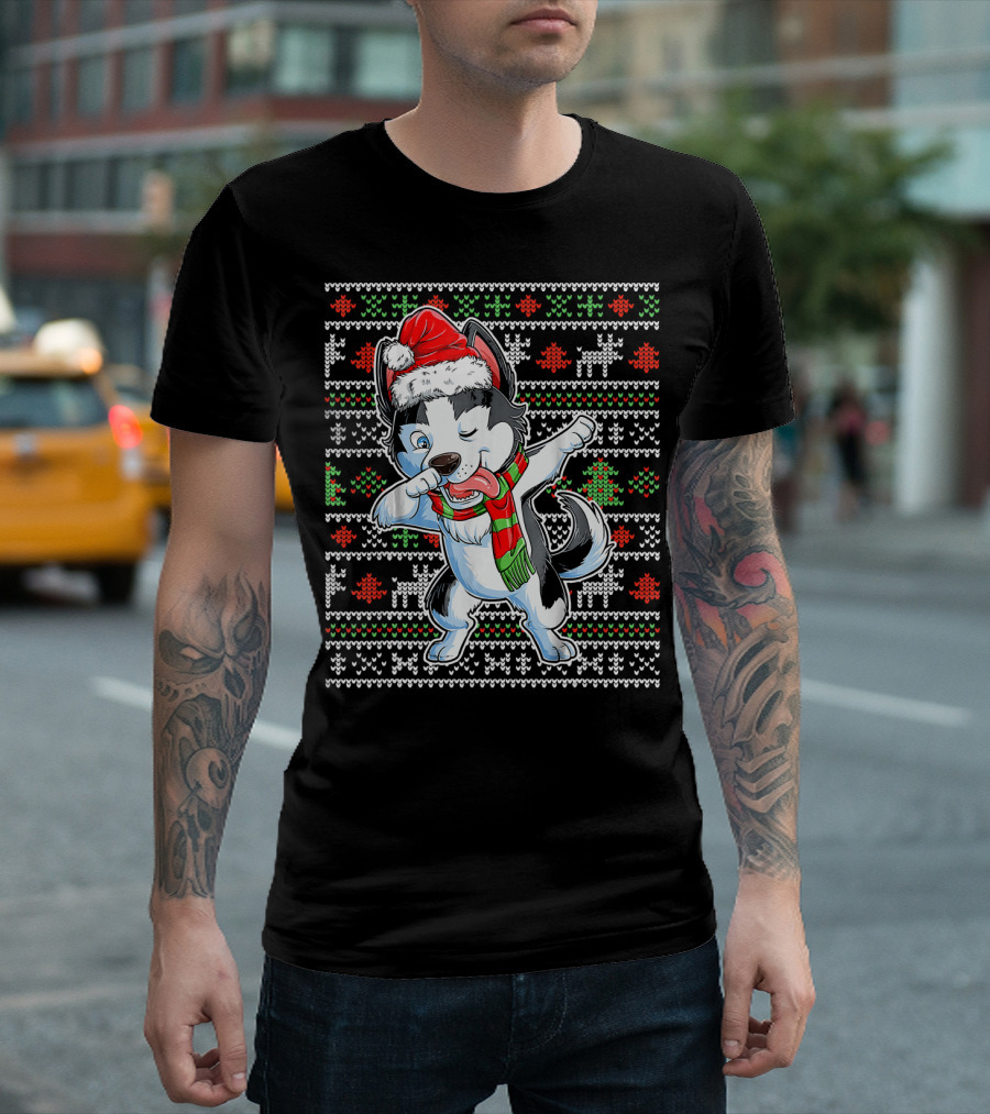 Husky Dog Santa Hat Dabbing Christmas Ugly T-Shirt
