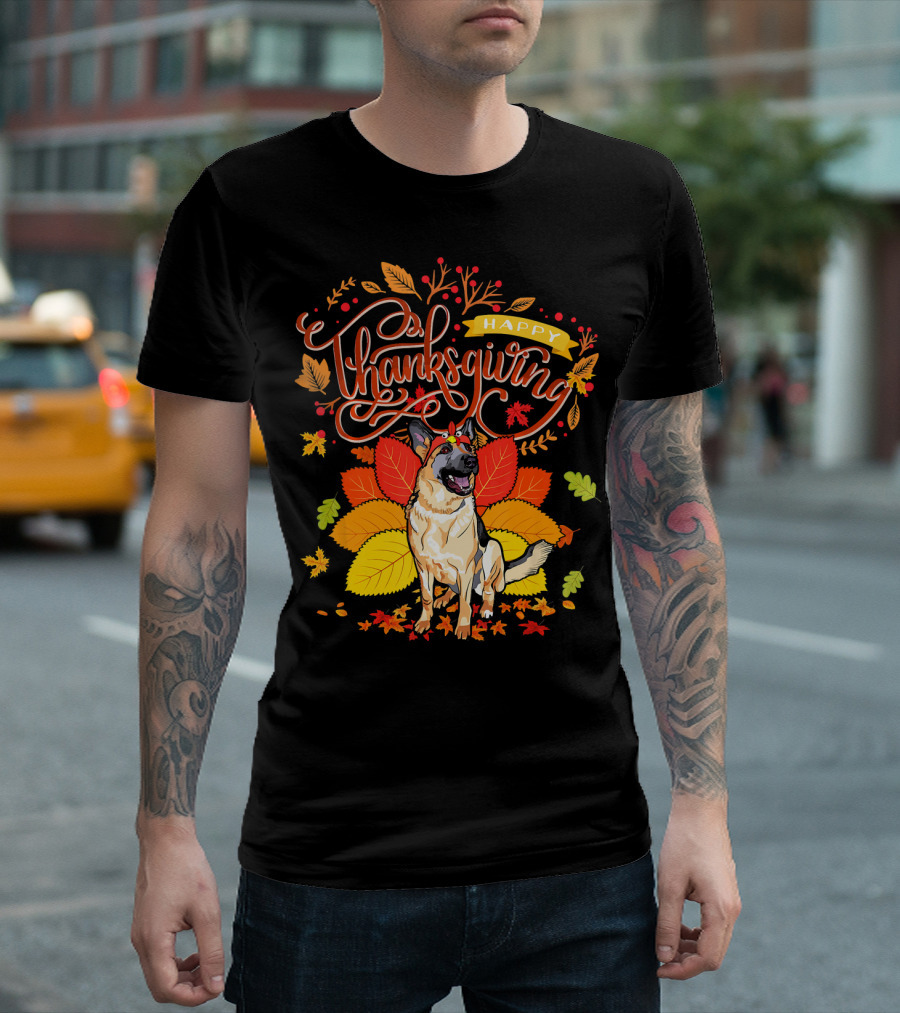 Happy Thanksgiving German Shepherd Wearing Turkey Hat Fall Leaves T-Shirt