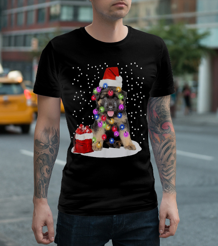 German Shepherd Puppy Christmas Lights Santa Hat Holiday Party T-Shirt