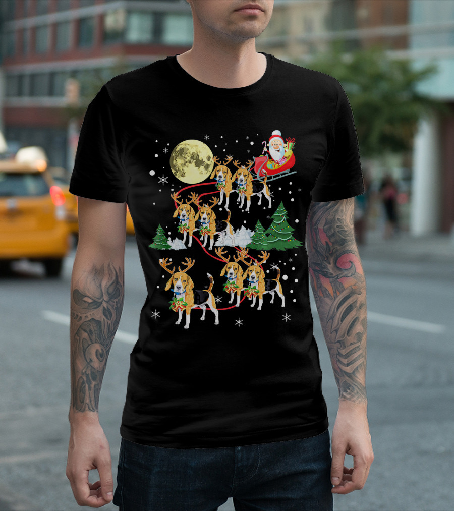 Funny Beagle Reindeer Christmas Dog Santa Sleigh Moon T-Shirt