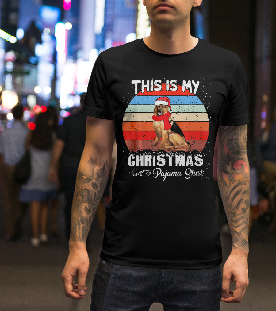This Is My Christmas Pajama Shirt German Shepherd Santa Hat Snow T-Shirt