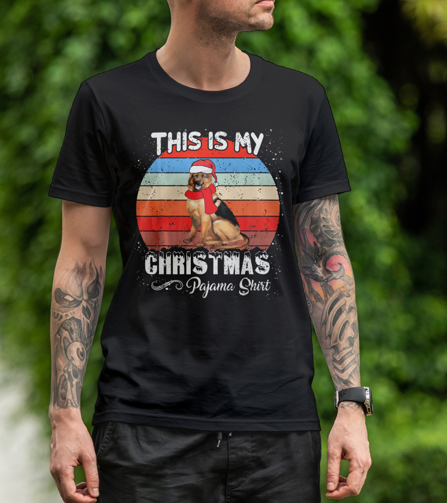 This Is My Christmas Pajama Shirt German Shepherd Santa Hat Snow T-Shirt