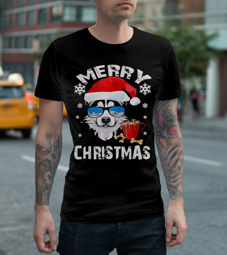 Merry Christmas Husky Dog Santa Hat Sunglasses Festive Humor T-Shirt