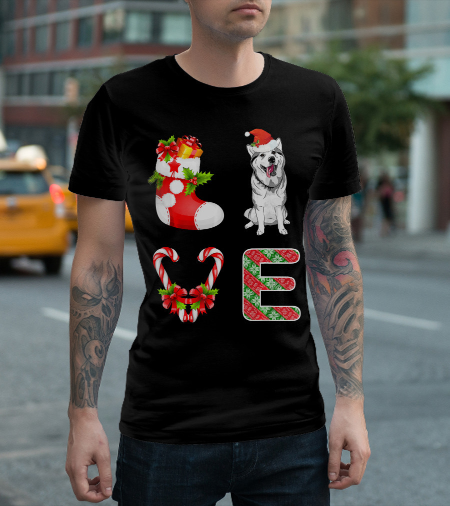 I Love Husky Funny Santa Husky Christmas Stocking Candy Cane Holiday T-Shirt