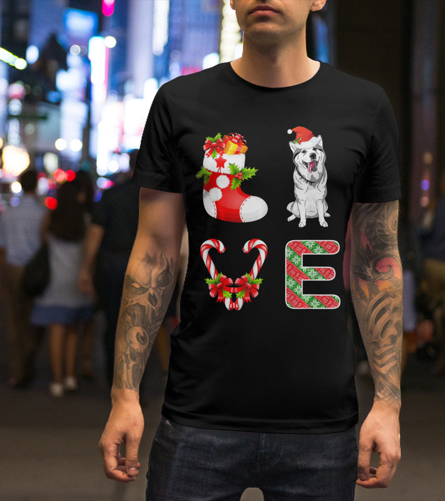 I Love Husky Funny Santa Husky Christmas Stocking Candy Cane Holiday T-Shirt