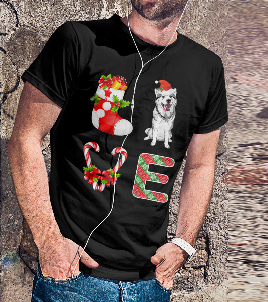 I Love Husky Funny Santa Husky Christmas Stocking Candy Cane Holiday T-Shirt