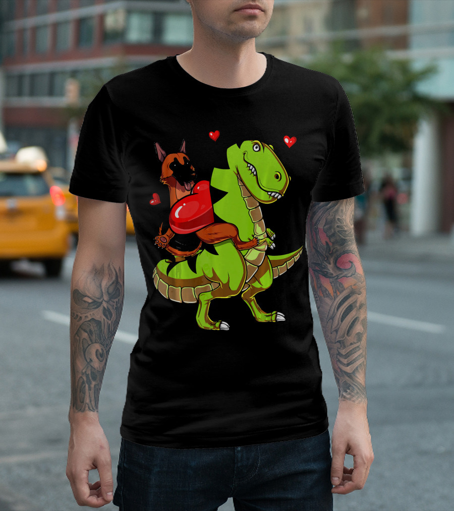 German Shepherd Riding T-Rex Dinosaur With Hearts T-Shirt