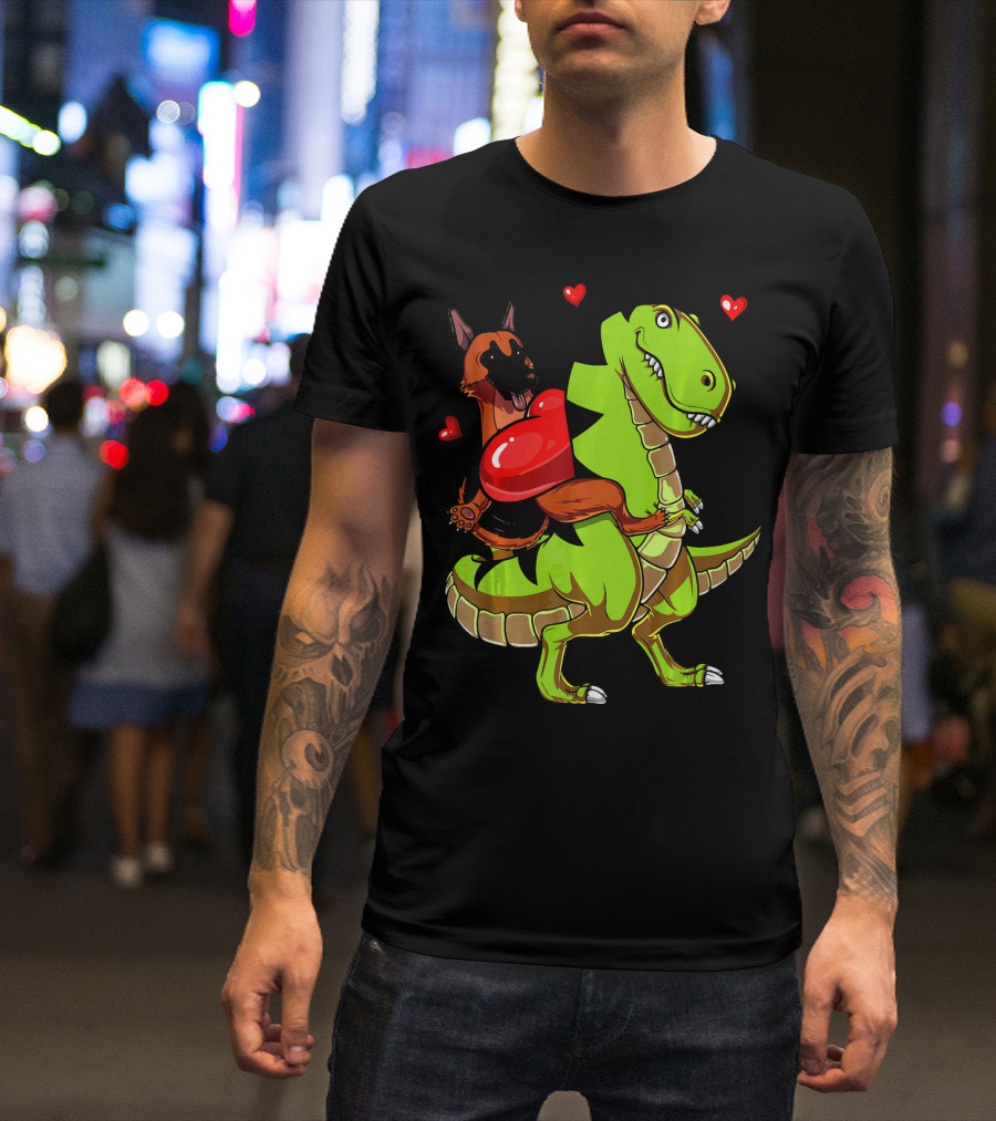 German Shepherd Riding T-Rex Dinosaur With Hearts T-Shirt
