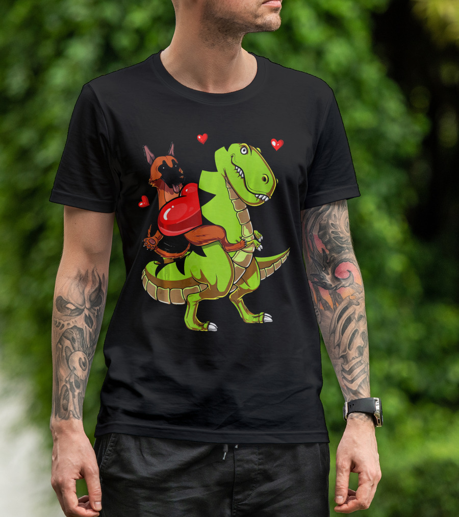 German Shepherd Riding T-Rex Dinosaur With Hearts T-Shirt