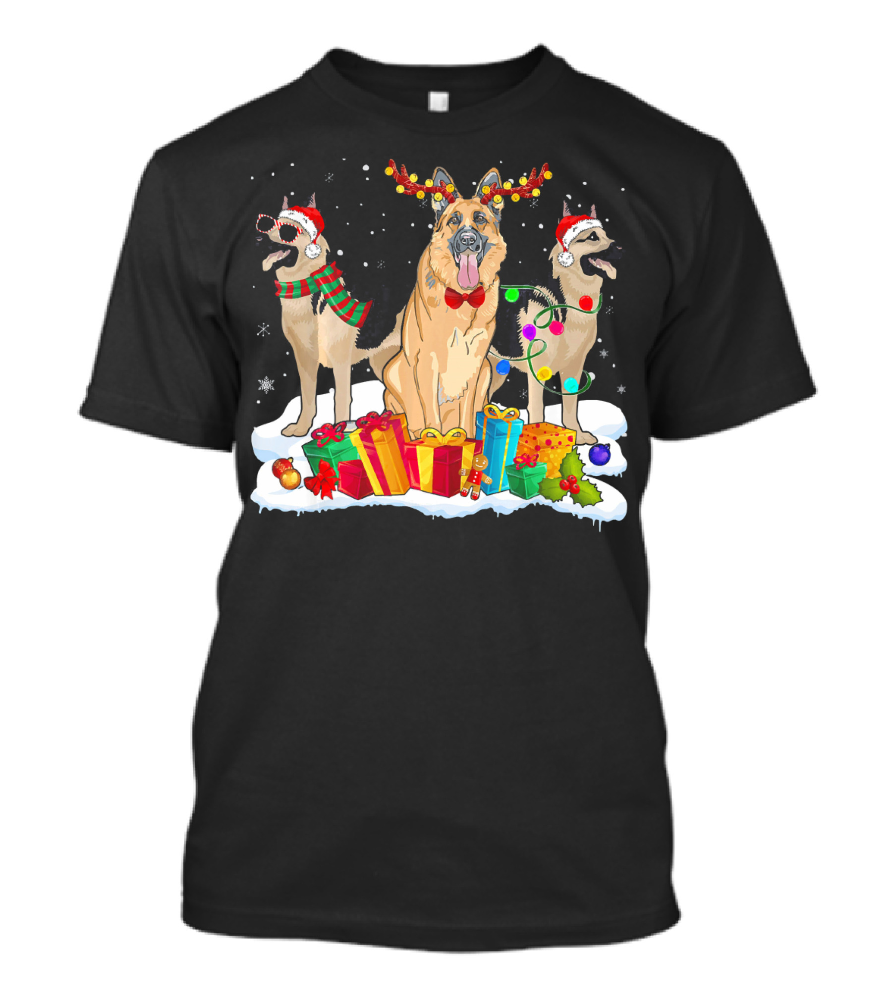 German Shepherds Christmas Santa Hat Reindeer Antlers Snow Presents Lights T-Shirt