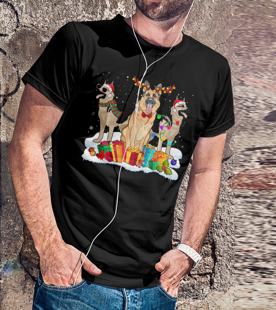 German Shepherds Christmas Santa Hat Reindeer Antlers Snow Presents Lights T-Shirt