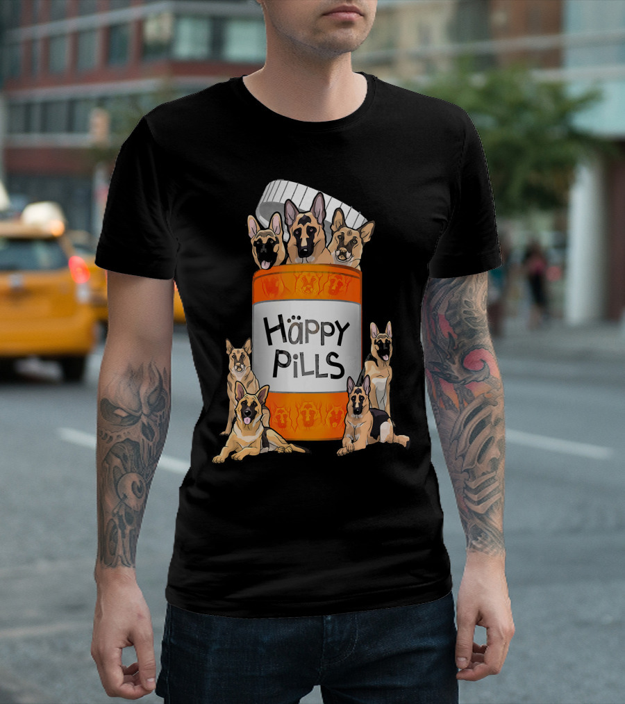Happy Pills German Shepherds Popping Out of Bottle T-Shirt