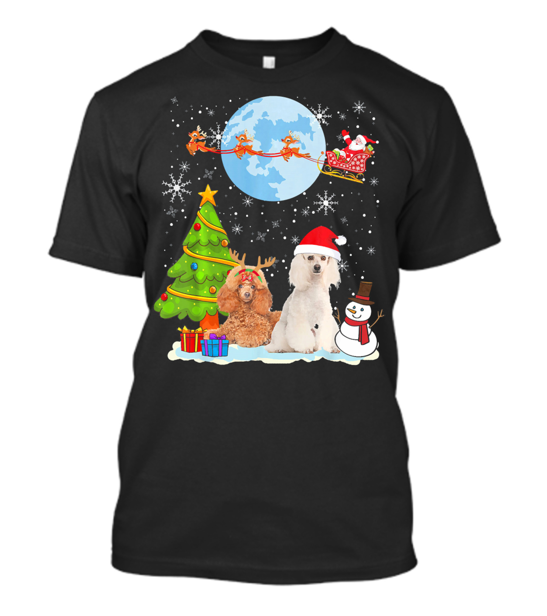 Santa Poodle Christmas Moon Sleigh Reindeer Tree Snowman T-Shirt