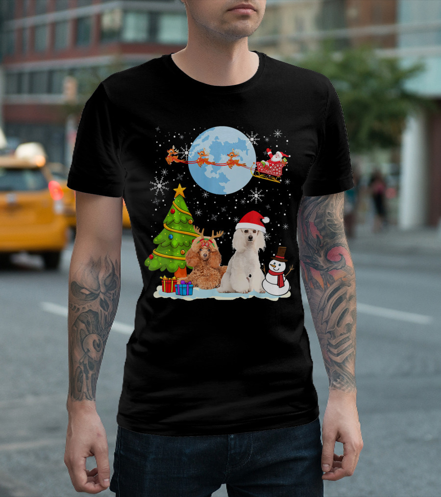 Santa Poodle Christmas Moon Sleigh Reindeer Tree Snowman T-Shirt