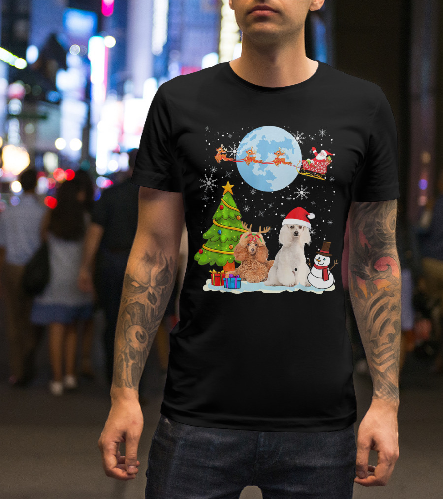 Santa Poodle Christmas Moon Sleigh Reindeer Tree Snowman T-Shirt