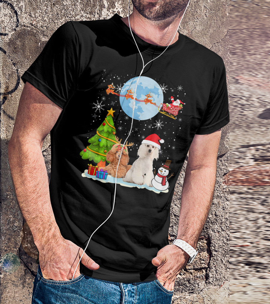 Santa Poodle Christmas Moon Sleigh Reindeer Tree Snowman T-Shirt