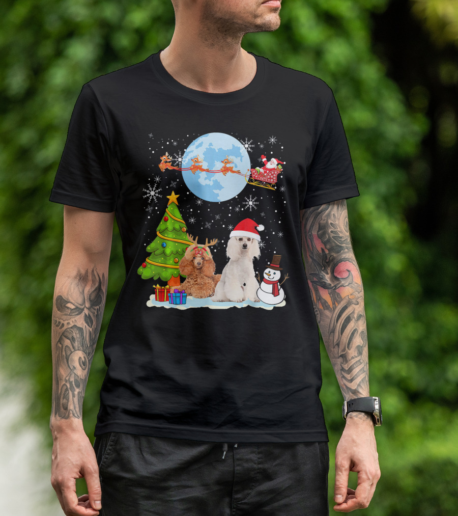 Santa Poodle Christmas Moon Sleigh Reindeer Tree Snowman T-Shirt